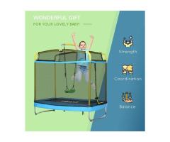 Qaba 6.9-ft 3-in-1 Kids Mini Trampoline with Safety Net, Swing & Bar – Perfect for Laval Familie
