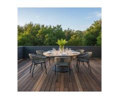 Irin 7-Piece Round Outdoor Dining Set | 60" Solid Teak & Aluminum Table with Mocha Rattan Rope S