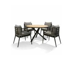 Trévi Bucarest 5-Pc Round Teak Patio Set | 48" Table, Aluminum Chairs & Cushions