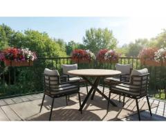 Trévi Bucarest 5-Pc Round Teak Patio Set | 48" Table, Aluminum Chairs & Cushions