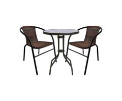 JYSK Venetto 3-Pc Balcony Bistro Set | 23.6" Glass Table & 2 Stackable Brown Rattan Chairs