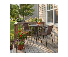 JYSK Venetto 3-Pc Balcony Bistro Set | 23.6" Glass Table & 2 Stackable Brown Rattan Chairs